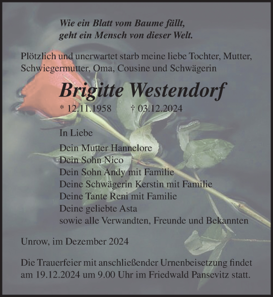 Traueranzeige von Brigitte Westendorf von Ostsee-Zeitung GmbH