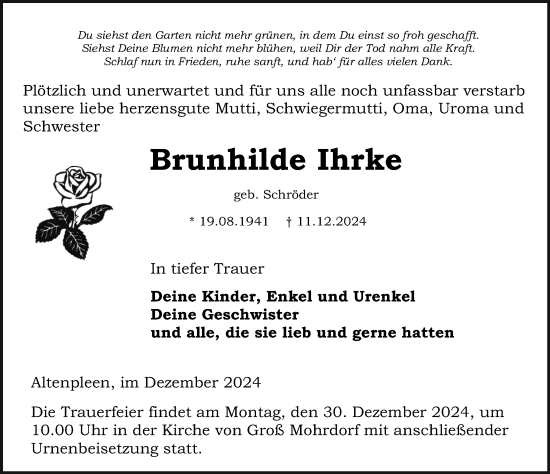 Traueranzeige von Brunhilde Ihrke von Ostsee-Zeitung GmbH