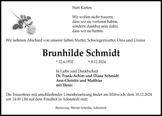 Traueranzeige von Brunhilde Schmidt von Peiner Allgemeine Zeitung