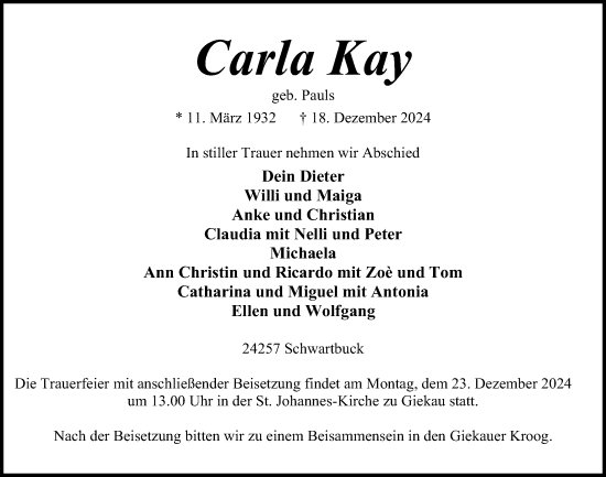 Traueranzeige von Carla Kay von Kieler Nachrichten