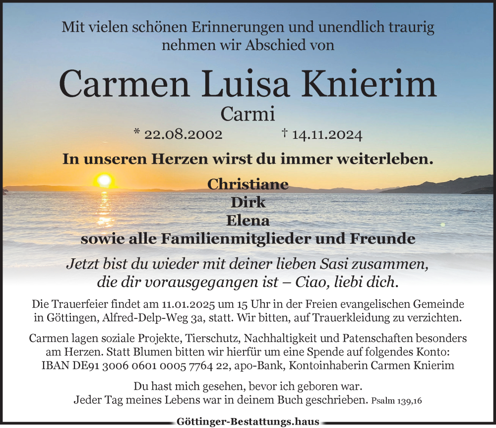  Traueranzeige für Carmen Luisa Knierim vom 14.12.2024 aus Göttinger Tageblatt