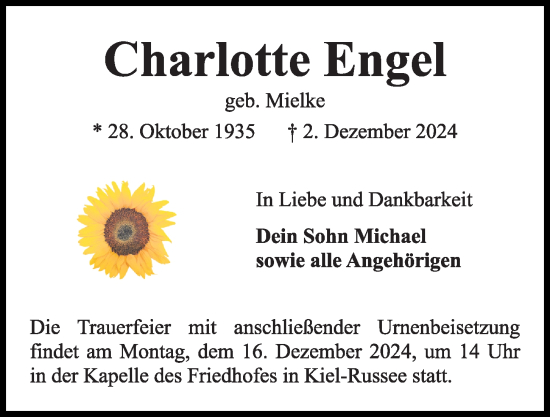 Traueranzeige von Charlotte Engel von Kieler Nachrichten