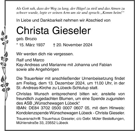 Traueranzeige von Christa Gieseler von Lübecker Nachrichten