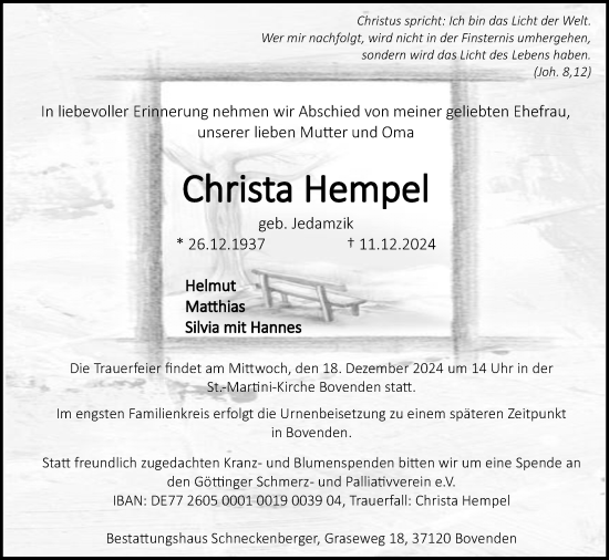 Traueranzeige von Christa Hempel von Göttinger Tageblatt