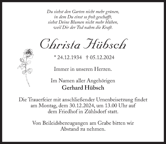 Traueranzeige von Christa Hübsch von Märkischen Allgemeine Zeitung