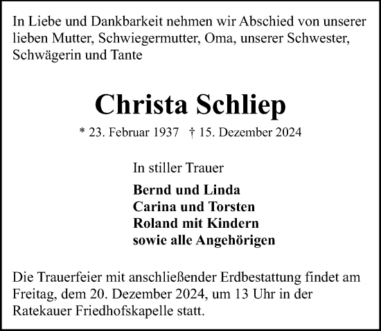 Traueranzeige von Christa Schliep von Lübecker Nachrichten