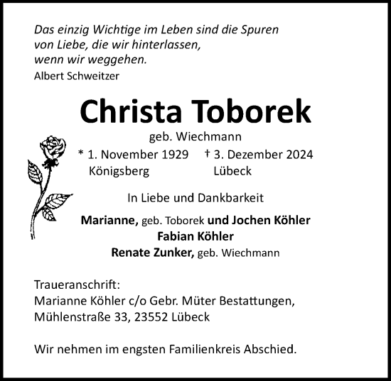 Traueranzeige von Christa Toborek von Lübecker Nachrichten