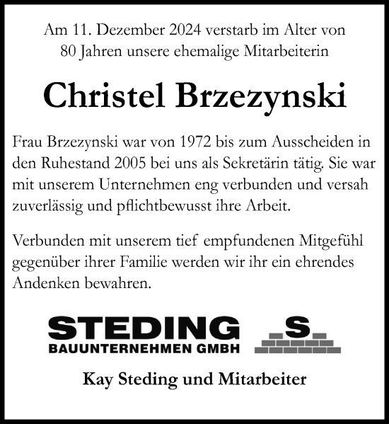 Traueranzeige von Christel Brzezynski von Schaumburger Zeitung/ Landes-Zeitung