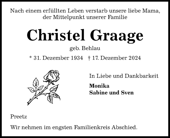 Traueranzeige von Christel Graage von Kieler Nachrichten