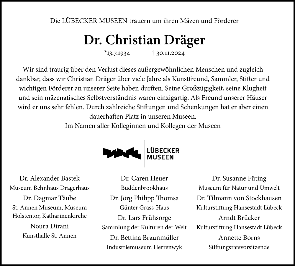  Traueranzeige für Christian Dräger vom 08.12.2024 aus Lübecker Nachrichten