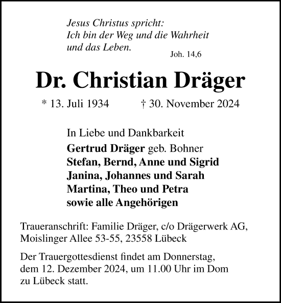 Traueranzeige von Christian Dräger von Lübecker Nachrichten