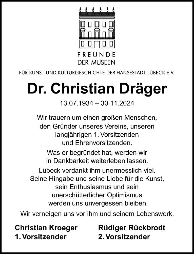  Traueranzeige für Christian Dräger vom 08.12.2024 aus Lübecker Nachrichten