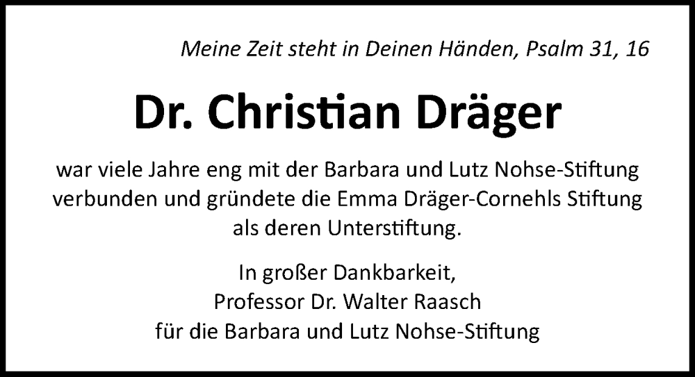  Traueranzeige für Christian Dräger vom 08.12.2024 aus Lübecker Nachrichten