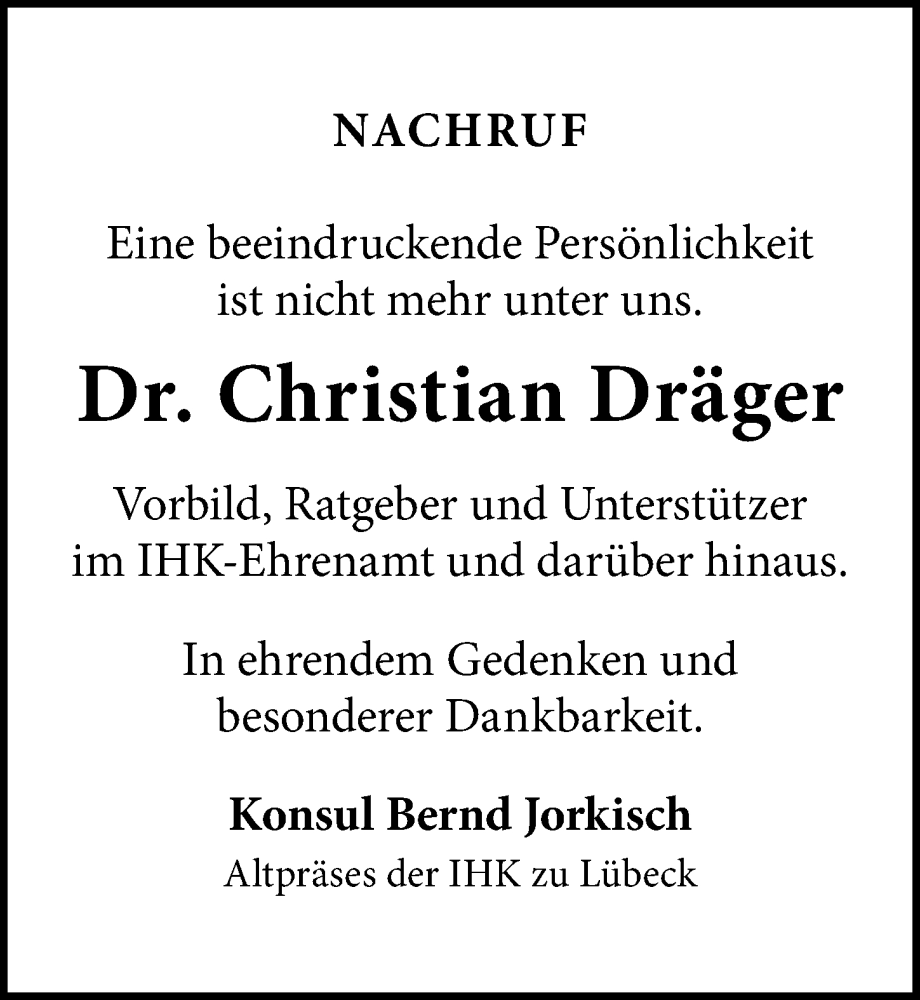  Traueranzeige für Christian Dräger vom 08.12.2024 aus Lübecker Nachrichten