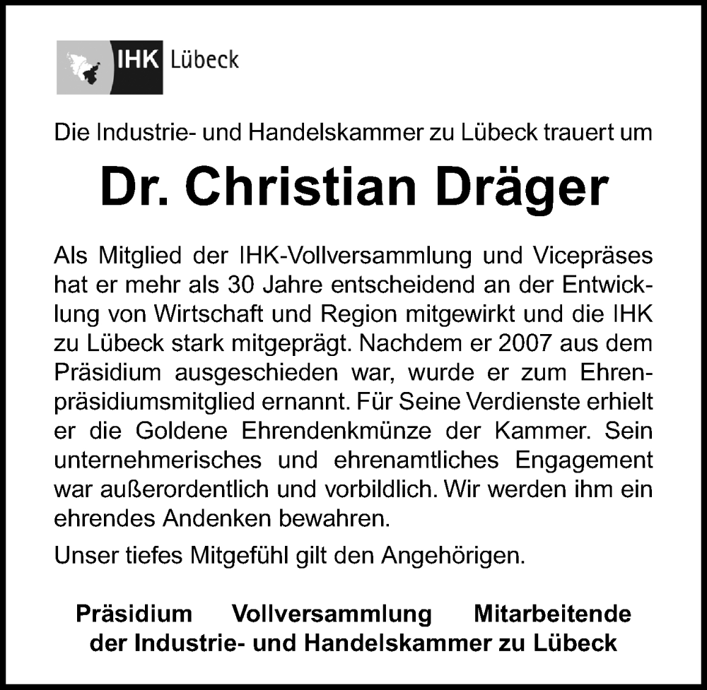  Traueranzeige für Christian Dräger vom 08.12.2024 aus Lübecker Nachrichten