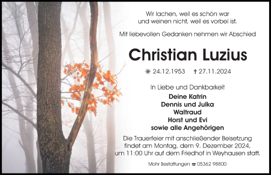 Traueranzeige von Christian Luzius von Aller Zeitung