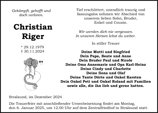 Traueranzeige von Christian Riger von Ostsee-Zeitung GmbH