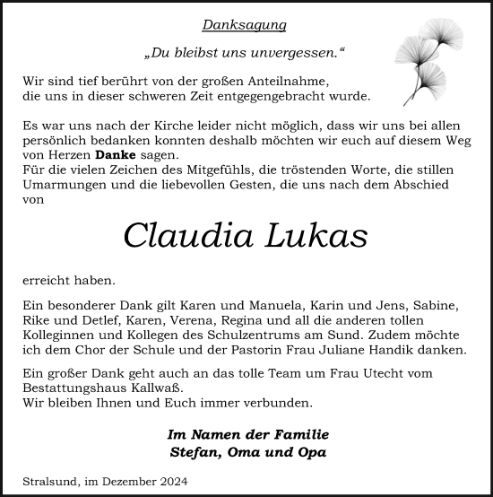 Traueranzeige von Claudia Lukas von Ostsee-Zeitung GmbH