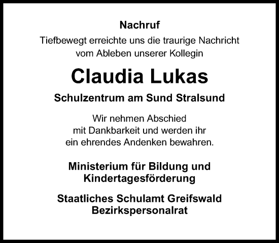 Traueranzeige von Claudia Lukas von Ostsee-Zeitung GmbH