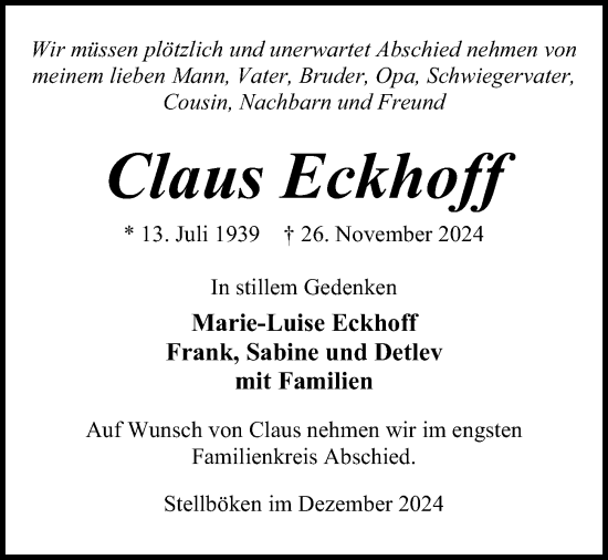 Traueranzeige von Claus Eckhoff von Kieler Nachrichten