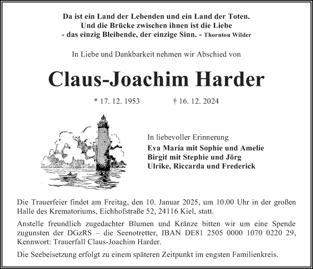  Traueranzeige für Claus-Joachim Harder vom 28.12.2024 aus Kieler Nachrichten