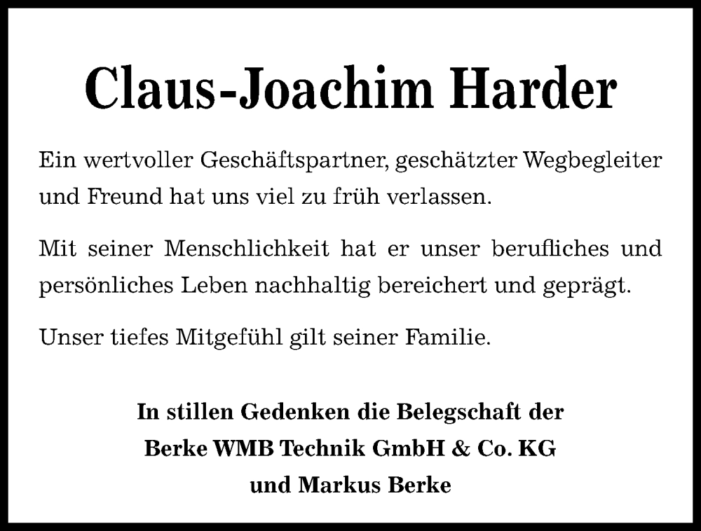  Traueranzeige für Claus-Joachim Harder vom 28.12.2024 aus Kieler Nachrichten