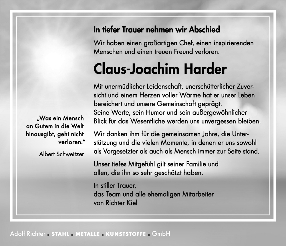  Traueranzeige für Claus-Joachim Harder vom 28.12.2024 aus Kieler Nachrichten