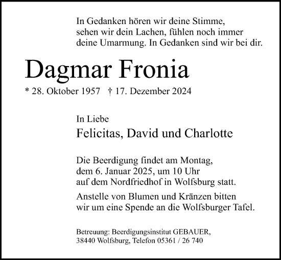 Traueranzeige von Dagmar Fronia von Aller Zeitung