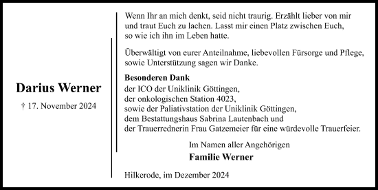 Traueranzeige von Darius Werner von Eichsfelder Tageblatt