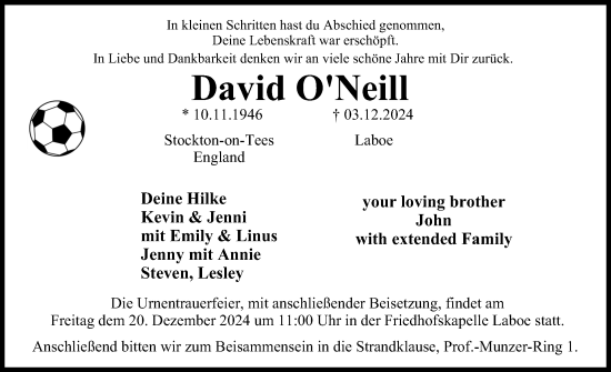 Traueranzeige von David ONeill von Kieler Nachrichten