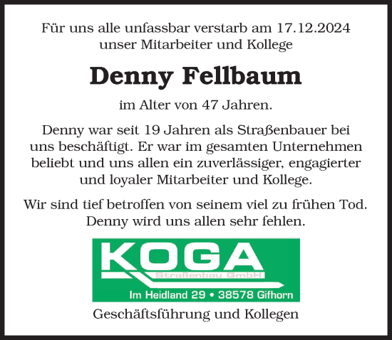 Traueranzeige von Denny Fellbaum von Aller Zeitung