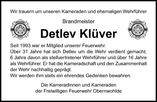 Traueranzeige von Detlev Klüver von Lübecker Nachrichten