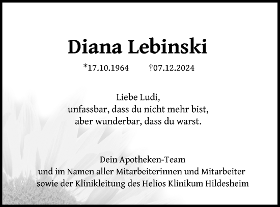 Traueranzeige von Diana Lebinski von Peiner Allgemeine Zeitung