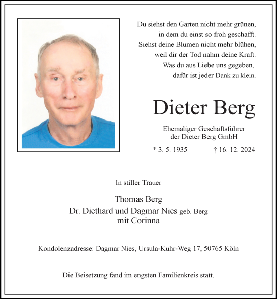 Traueranzeige von Dieter Berg von Ostsee-Zeitung GmbH