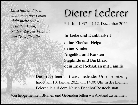 Traueranzeige von Dieter Lederer von Ostsee-Zeitung GmbH