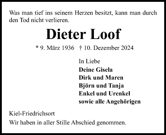 Traueranzeige von Dieter Loof von Kieler Nachrichten