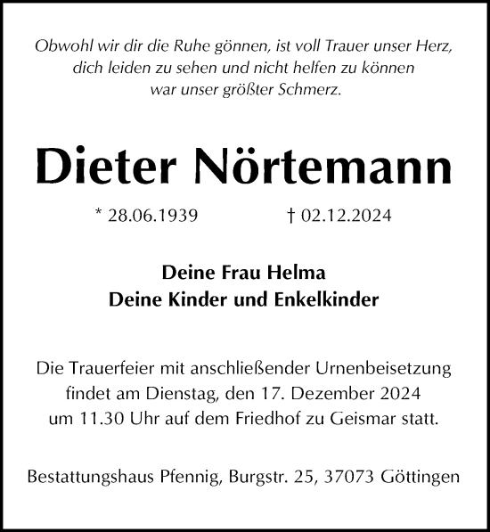 Traueranzeige von Dieter Nörtemann von Göttinger Tageblatt