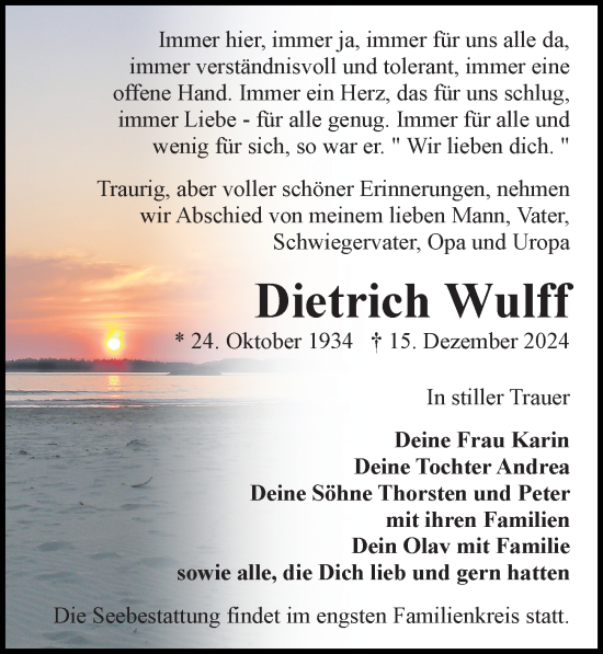 Traueranzeige von Dietrich Wulff von Ostsee-Zeitung GmbH