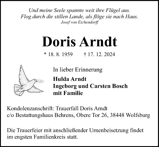 Traueranzeige von Doris Arndt von Aller Zeitung