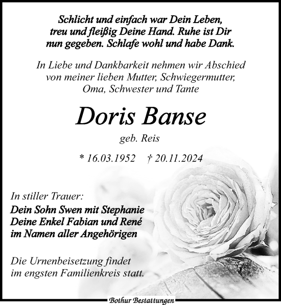 Traueranzeige von Doris Banse von Leipziger Volkszeitung