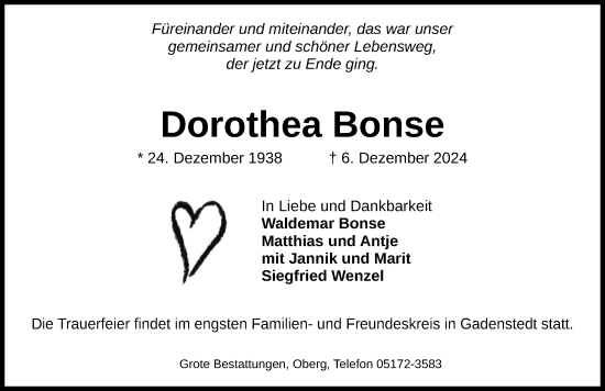 Traueranzeige von Dorothea Bonse von Peiner Allgemeine Zeitung