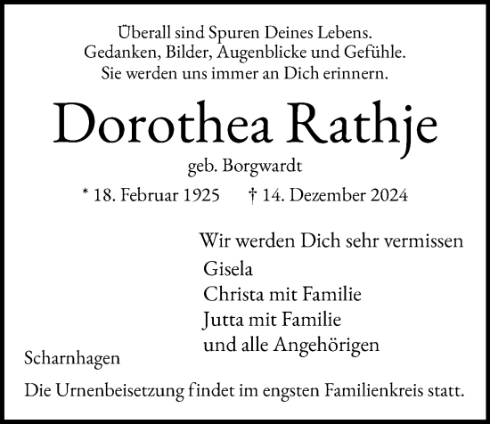 Traueranzeige von Dorothea Rathje von Kieler Nachrichten