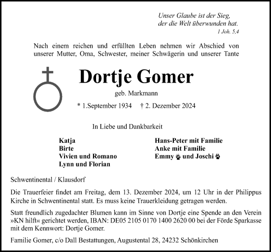 Traueranzeige von Dortje Gomer von Kieler Nachrichten