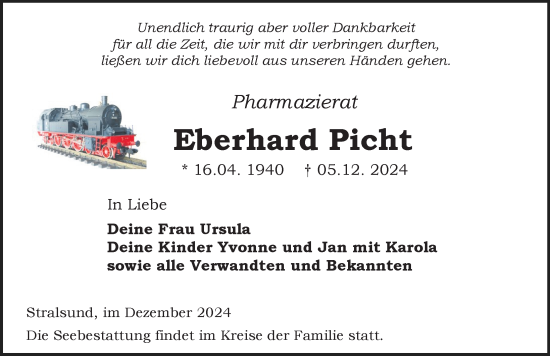 Traueranzeige von Eberhard Picht von Ostsee-Zeitung GmbH