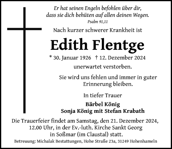 Traueranzeige von Edith Flentge von Peiner Allgemeine Zeitung