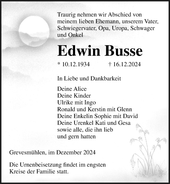 Traueranzeige von Edwin Busse von Ostsee-Zeitung GmbH