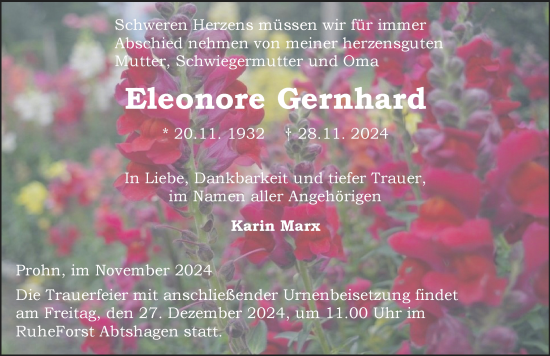 Traueranzeige von Eleonore Gernhard von Ostsee-Zeitung GmbH