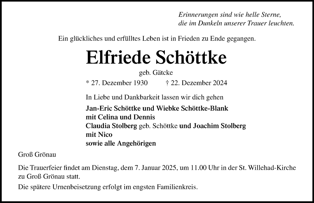  Traueranzeige für Elfriede Schöttke vom 29.12.2024 aus Lübecker Nachrichten