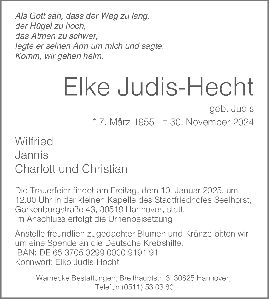  Traueranzeige für Elke Judis-Hecht vom 28.12.2024 aus Hannoversche Allgemeine Zeitung/Neue Presse