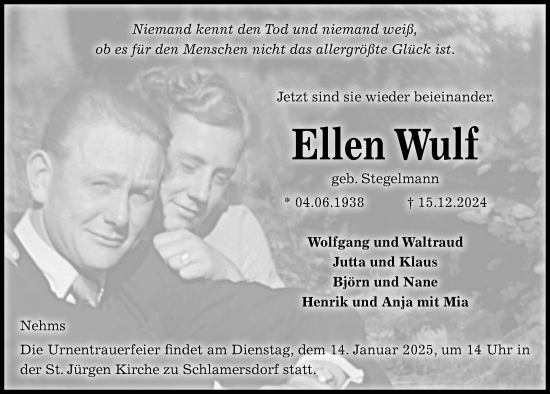 Traueranzeige von Ellen Wulf von Kieler Nachrichten